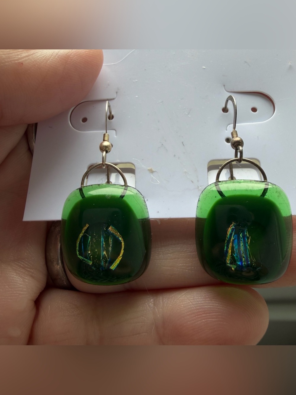 Vintage Glass earrings green + sterling silver